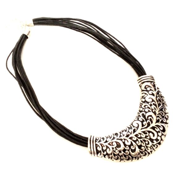 Ornate Silver Tone and Black Cord Statement Necklace - Picture 6 of 6